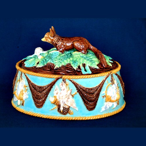 G Jones majolica fox game tureen