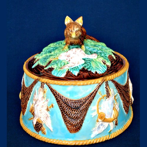 G Jones majolica fox game tureen