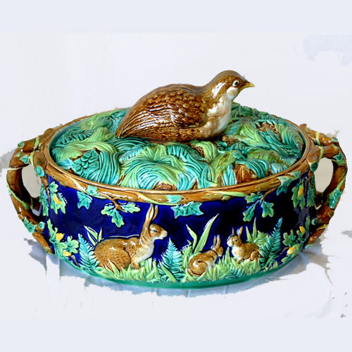 george jones majolica quail game tureen