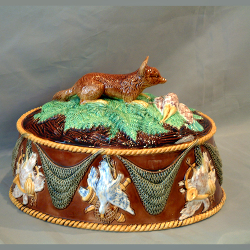 G Jones fox and Goose  majolica game tureen