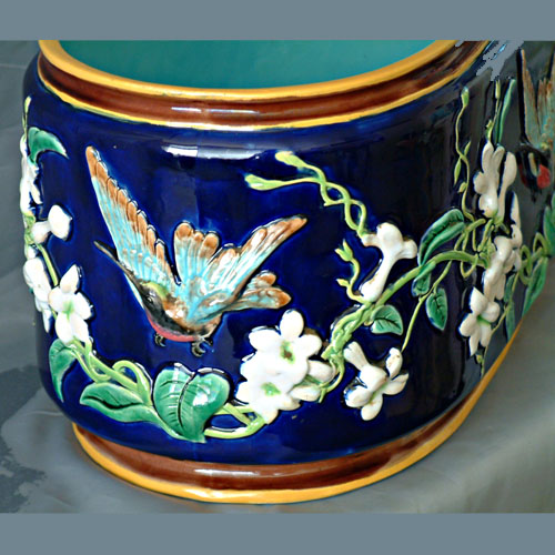 G Jones majolica hummingbird jardinere