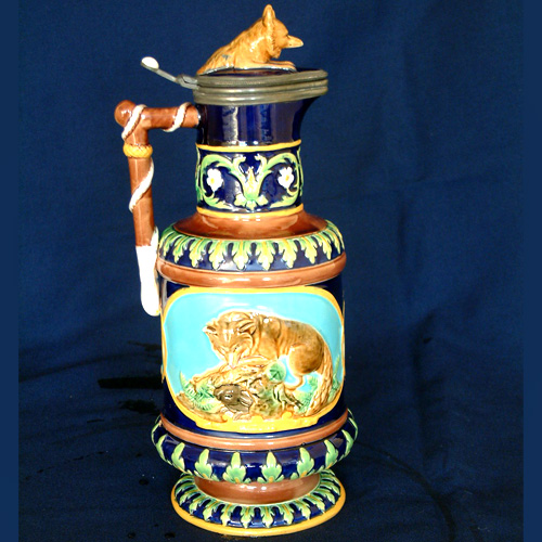 G Jones majolica fox ewer