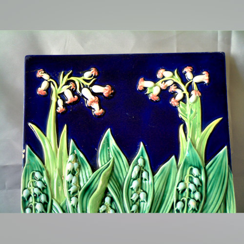 G Jones majolica lily of the valley tile