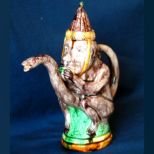 portuguese palissy monkey holding nut tea pot