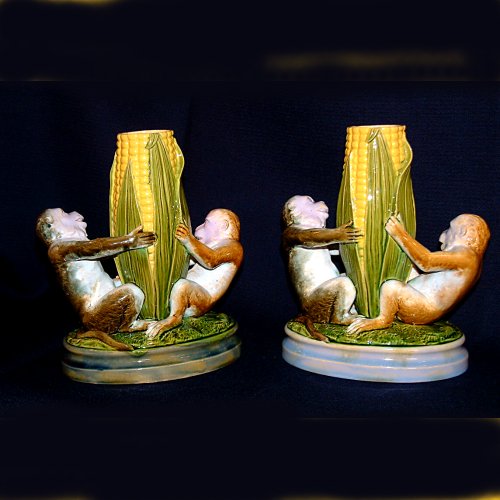 brownfield majolica monkey vases