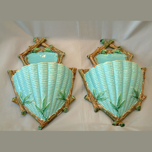 G Jones majolica wicker wall pockets