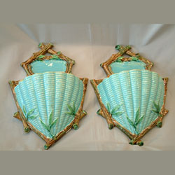 G Jones majolica wicker wall pockets